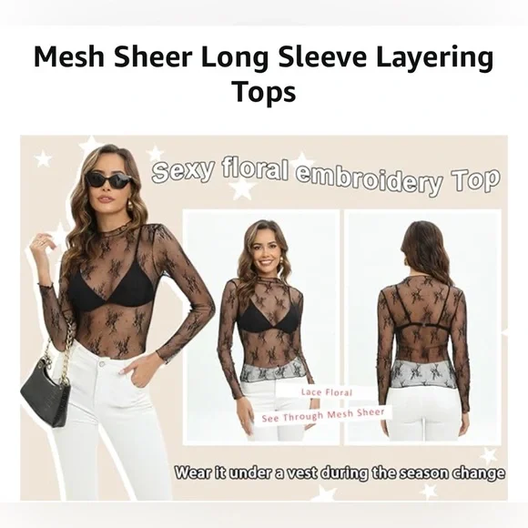 Black Sheer Lace Embroidered Mock Neck Mesh, Long Sleeve Floral Top - Picture 9 of 10
